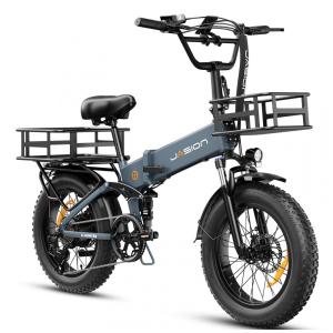 Bicicleta elétrica dobrável Jasion azul, pneus largos 20x4, motor até 1800W, bateria 48V 624/720Wh, suspensão dupla, 7 marchas