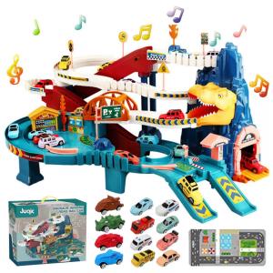 Pista de Corrida com 12 Mini Carros e Tema de Dinossauros para Crianças Acima de 3 Anos, Juqic, Colorida