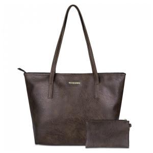 Bolsa de Ombro Feminina em Couro Sintético com Carteira, Montana, Marrom Escuro