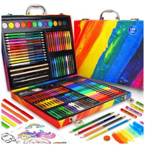 Kit de arte 184 peças Okiki vermelho com giz de cera, pastéis a óleo, lápis de cor dupla ponta, canetas aquarela e livro para colorir