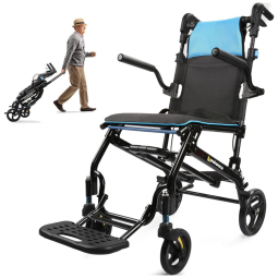 Cadeira de Rodas para Adultos Ultraleve ProTraverse Azul Dobrável Transporte Viagem com Alça Telescopica