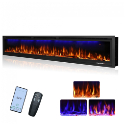 Lareira Elétrica de Embutir A45x194L cm com Temporizador, Controle Remoto, termostato e 9 Combinações de Cores, 110V 1500W