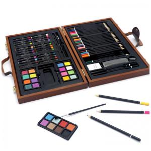 Kit Lápis de Cor Profissional com Maleta de Madeira 79 Peças e Tintas Acrílicas, Aquarela, BSD, Marrom