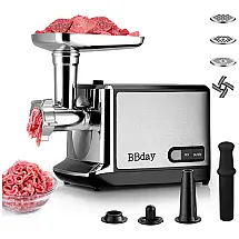 Moedor de Carne Elétrico Doméstico, Aço Inox, 2000W máx., 3 Pratos Moagem, 110v, BBDAY, Prateado
