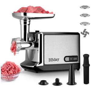 Moedor de Carne Elétrico Doméstico, Aço Inox, 2000W máx., 3 Pratos Moagem, 110v, BBDAY, Prateado