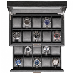 Caixa, Estojo de Couro para Relógios com 20 Compartimentos, ROTHWELL, Preto e Cinza