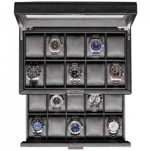 Caixa, Estojo de Couro para Relógios com 20 Compartimentos, ROTHWELL, Preto e Cinza
