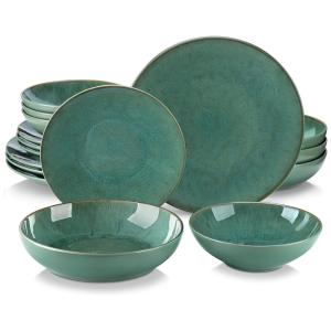Conjunto de Pratos e Bolws com 16 Peças de Cerâmica, Vancasso Karst, Verde