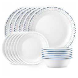 Conjunto de Jantar Corelle 18 peças para 6 pessoas, Pratos Redondos e Tigelas Leves, Vidro Triplo Vitrelle, Resistente a Rachaduras