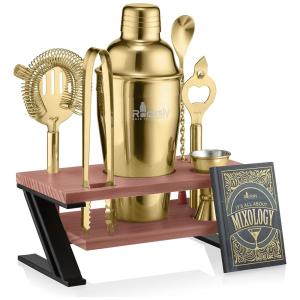 Kit Bn Profissional ROCKSLY 7 Peças em Aço Inoxidável com Suporte de Bambu, Cor Dourado