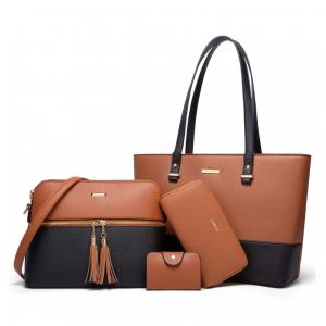 Conjunto de Bolsas Femininas em Couro Sintético 4 Peças com Carteira, Lovematch, Preto e Marrom