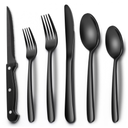 Conjunto de Talheres Premium em Preto, 24 Peças em Aço Inox, Facas de Churrasco, Para 4 Pessoas, Talheres de Mesa de Alta Qualidade,EWFEN