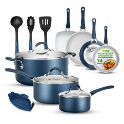 Jogo de Panelas e Frigideiras Antiaderentes em Aço Inoxidável com Utensílios, 14 Peças, NutriChef NCCW14SBLU, Azul
