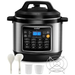 Panela de Pressão Elétrica 16 em 1, 7.5L em Aço Inoxidável com Painel de LED, 110V 1200W, COMFEE, Prata e Preto