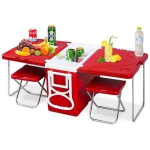 Multi Função Rolling Cooler Picnic Camping Outdoor w, Mesa e 2 Cadeiras, GIANTEX HW51118RE