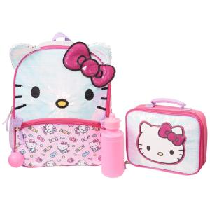 Mochila Escolar Infantil Hello Kitty com Detalhes 3D, Lancheira e Garrafa de Água, Rosa