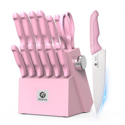 Conjunto de Facas imarku 14 Peças com Bloco Rosa Aço Inoxidável Japonês Cabo Ergonômico