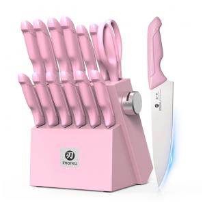 Conjunto de Facas imarku 14 Peças com Bloco Rosa Aço Inoxidável Japonês Cabo Ergonômico