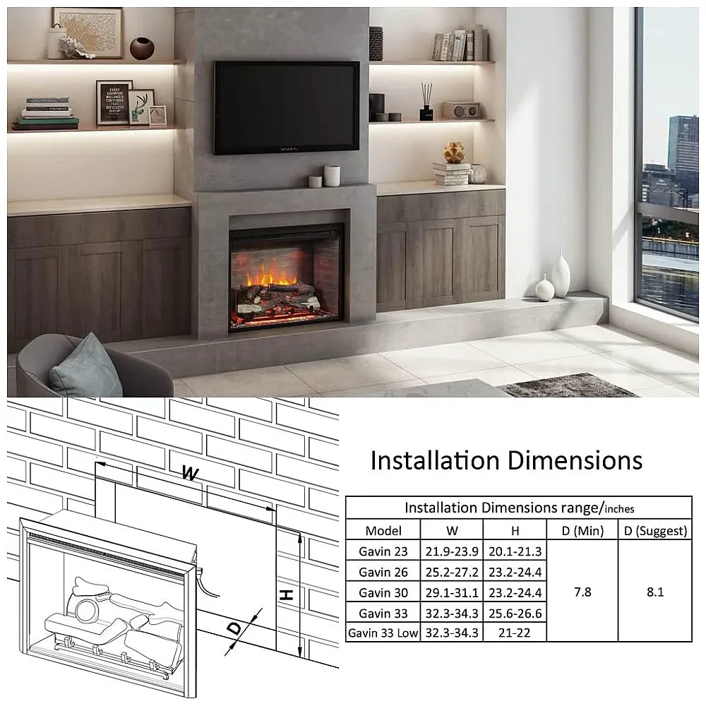 Lareira Elétrica de Embutir A56x89L cm com Controle Remoto e Som de Crepitação de Fogo, 110V 1500W, RICHFLAME, Preta — foto 3