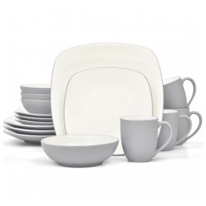 Aparelho de Jantar para Todas as Ocasiões com 16 Peças, Formato Quadrado e Material de Cerâmica, Noritake, Cinza