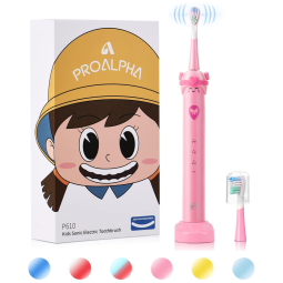 Escova de Dente Elétrica Infantil Sonic Recarrregável proalpha 3 a 12 Anos, 3 Modos, 2 Cabeças, Temporizador, IPX7, Rosa