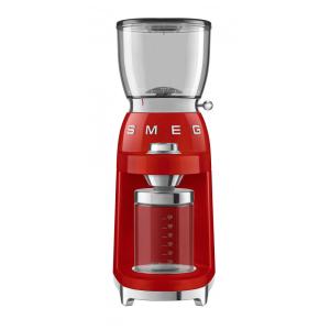 Moedor de café elétrico Smeg vermelho retrô com mós cônicas em inox, 30 níveis de moagem e funil 350 g, 110V