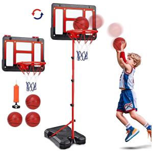 Cesta de Basquete Externa com 3 Bolas e Altura Ajustável para Crianças de 3 a 8 Anos, AuntyFey, Vermelha