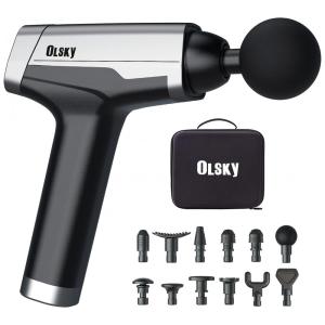 Massageador Pistola Elétrico Profissional Sem Fio 12 Acessórios e 9 Velocidades, OLSKY, Preto