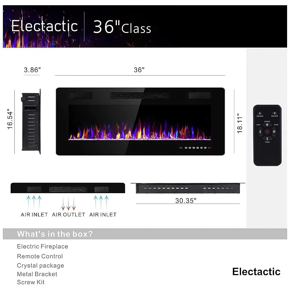 Lareira Elétrica de Embutir A45x91L com Controle Remoto e Digital, Luz LED, Chama Ajustável e Temporizador, 1500W, 110v, ELECTACTIC 836C3 — foto 3