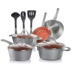 Conjunto de Panelas com Revestimento Antiaderente com Espátulas, 11 Peças, NUTRICHEF NCCW11GL, Cinza