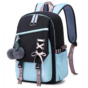 Mochila FENGDONG azul para adolescentes, estilo kawaii com laço e pompom, para notebook até 15,6"