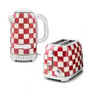 Conjunto chaleira elétrica e torradeira 2 fatias MacKenzie-Childs Cherry Check vermelha e branca inox 1500W e 850W 110V