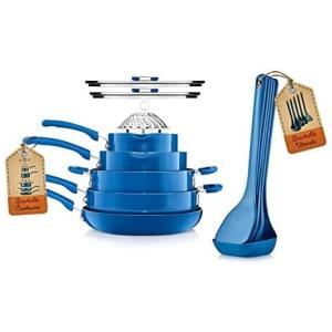 Jogo de Panelas Antiaderentes com Botão Dobrável e Economia de Espaço, 17 Peças, NutriChef, Azul