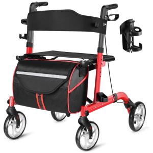 Andador Adulto Idoso Lenificar com Assento e Bolsa, Suporta até 150 Quilos, Vermelho