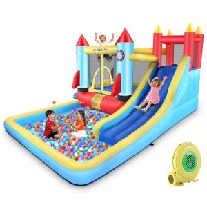 Parque Aquático Inflável com 2 Escorregadores, Parede de Escalada e Piscina de Bolinhas para Crianças Acima de 2 Anos, AKEYDIY, Colorido