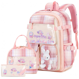 Mochila escolar infantil FIXITOK coelho kawaii 3 peças, com lancheira térmica e estojo, nylon impermeável, rosa xadrez