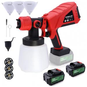 Pistola de Pintura Pulverizadora 1L com 3 Modos de Pulverização e 2 Baterias, WORKEASE SWS JH 09, Vermelho