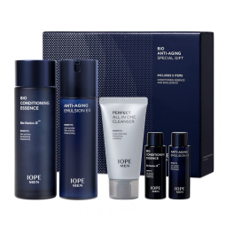 Kit Skincare Cuidados com a Pele Anti Idade para Homens com Hidratante, Sérum, Pós Barba e Essência Condicionante, IOPE, Azul