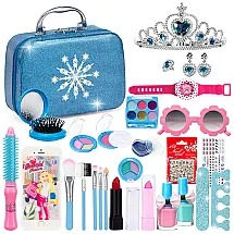 Kit de Maquiagem Infantil Lavável com 35 Peças e Espelho para Crianças de 3 a 10 Anos, Moubenncy, Azul