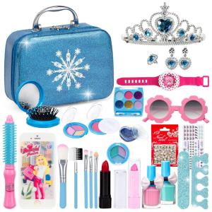 Kit de Maquiagem Infantil Lavável com 35 Peças e Espelho para Crianças de 3 a 10 Anos, Moubenncy, Azul