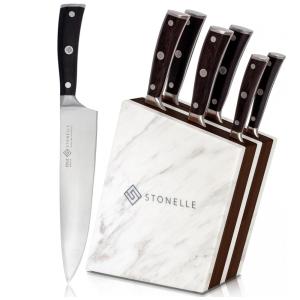 Conjunto de Facas Profissional em Aço Inoxidável com Bloco em Mármore, 7 Peças, Stonelle, Marrom