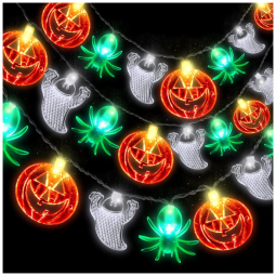 Kit de Luzes para Decoração de Halloween 30 LED 6 Metros, 3 Unidades, Fantasma, Aranha e Abóbora