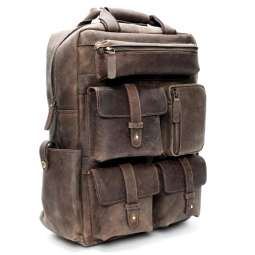 Mochila Masculina Retrô para Laptop de Couro, LUXEORIA, Marrom