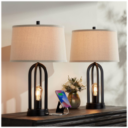 Kit 2 Luminárias de Mesa Vintage em Metal e Abajur de Tecido, 360 LIGHTING 35K12, Preto