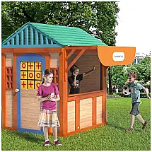 Casinha Infantil de Madeira Externa com Janela de Toldo com 4 Jogos, Parede de Bolas, Arremesso de Dardos e Tetris, para Crianças de 3 a 8