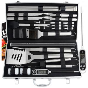 Kit Churrasco na Grelha 28 Peças de Aço Inoxidável e Termômetro com Estojo de zenamento, ROMANTICIST, Prateado