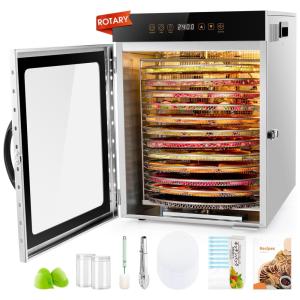 Desidratador de Alimentos Rotativo com 12 Bandejas em Aço Inoxidável e Ventilador Duplo de 1000W, Ideal para Desidratação de Diversos