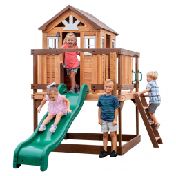 Casinha Infantil de Madeira para Área Externa com Escorregador de Ondas, Deck, Escada e Régua de Crescimento, Backyard Discovery 2102316