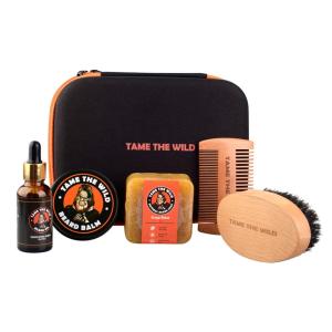 Kit para Barba Profissional Portátil com Cera e Pente, 5 Itens, TAME THE WILD MAKE YOUR BEARD BEHAVE, Preto