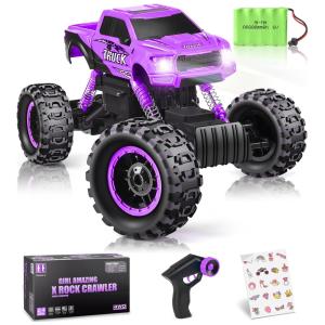 Carrinho de Controle Remoto Off Road, Escala 1:12 com Duplo Motor e Luzes para Crianças de 5 a 12 Anos, DOUBLE E Monster Truck, Roxo